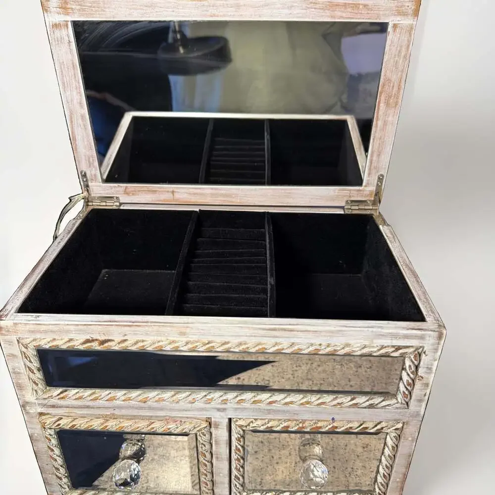 VNTG Mirrored Glass Jewelry Box Black Velvet Lined Hotel Collection Shabby Chic